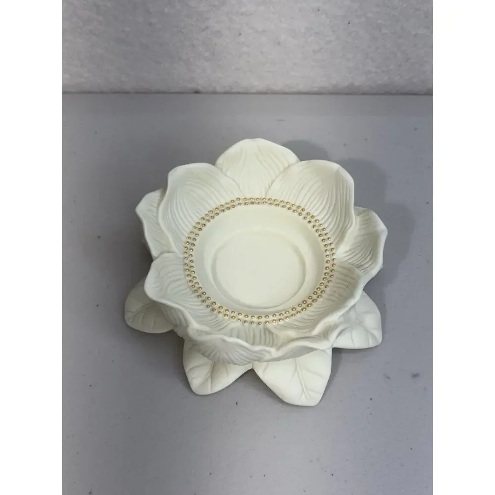 PartyLite Bisque Porcelain Magnolia Lotus Blossom Pillar Candle Holder Gold Bead - Picture 2 of 8